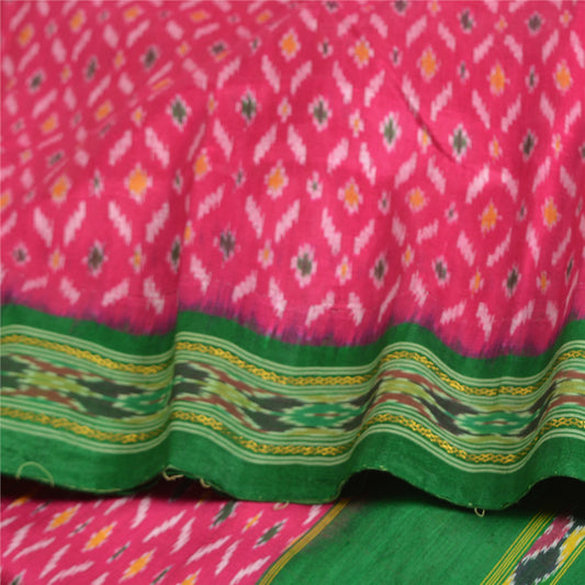 Sanskriti Vintage Saree Pink Sambhalpuri Hand Woven Ikat Pure Silk Sari Fabric
