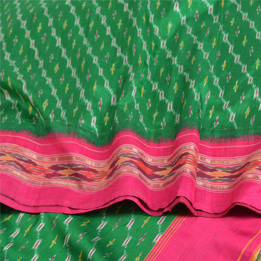 Sanskriti Vintage Saree Green Pochampally Hand Woven Ikat Pure Silk Sari Fabric