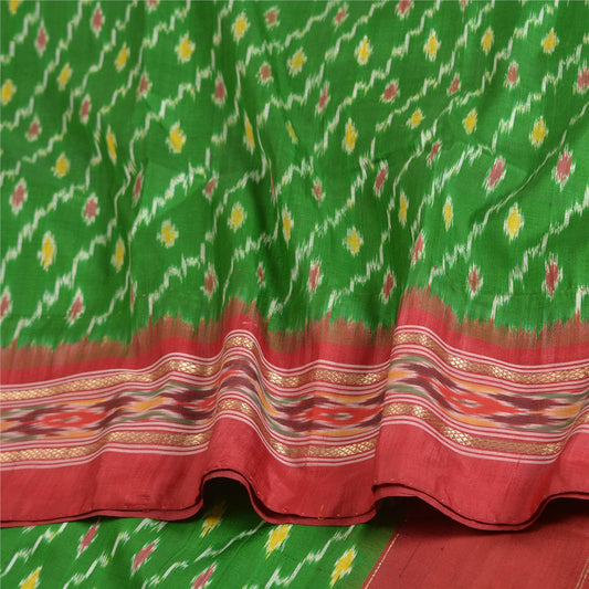 Sanskriti Vintage Saree Green Pochampally Hand Woven Ikat Pure Silk Sari Fabric