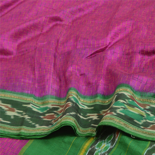 Sanskriti Vintage Sarees Pink Ikat Handwoven Pochampally Pure Silk Sari Fabric