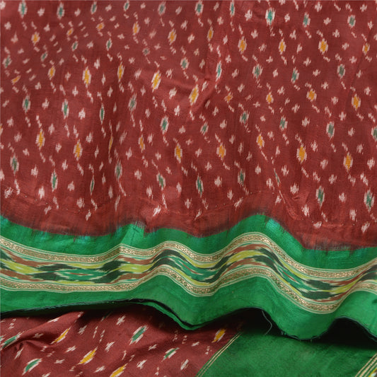 Sanskriti Vintage Saree Red Sambhalpuri Hand Woven Ikat Pure Silk Sari Fabric
