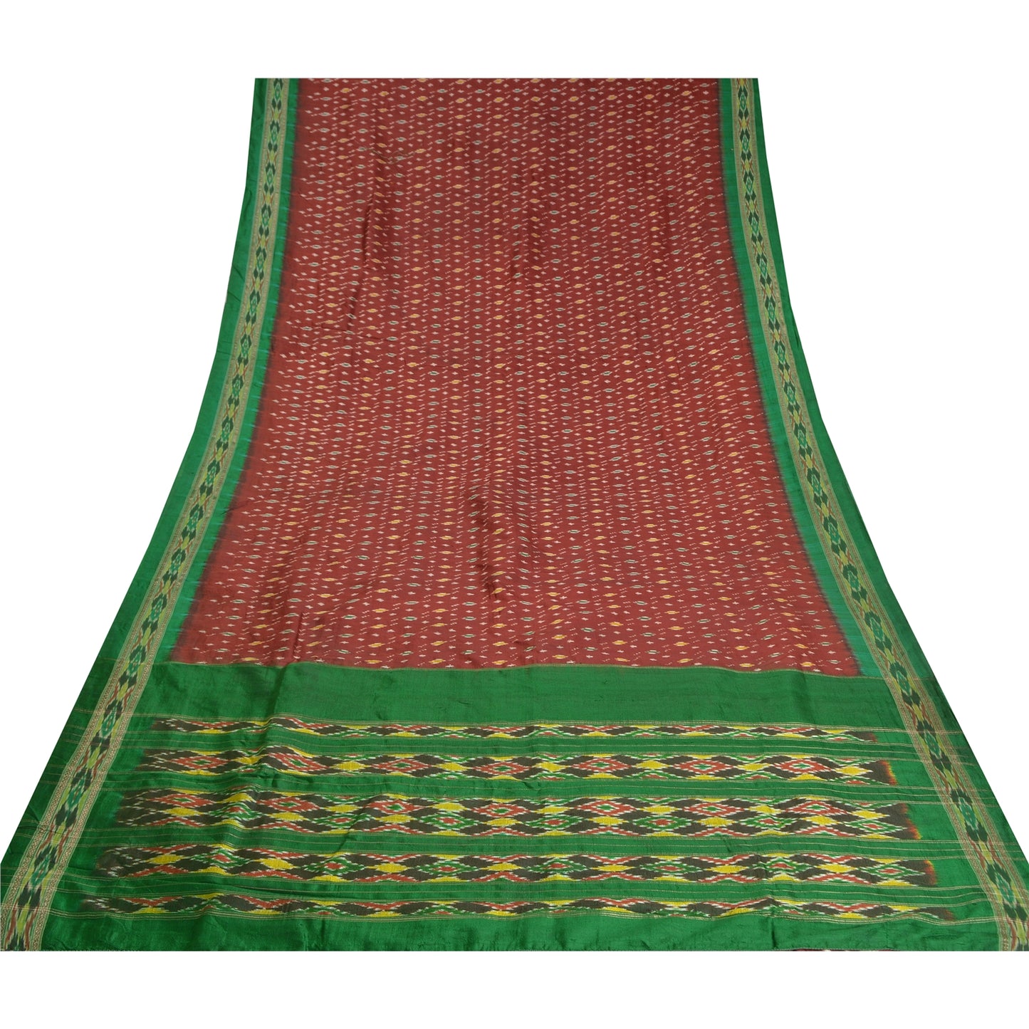 Sanskriti Vintage Saree Red Sambhalpuri Hand Woven Ikat Pure Silk Sari Fabric