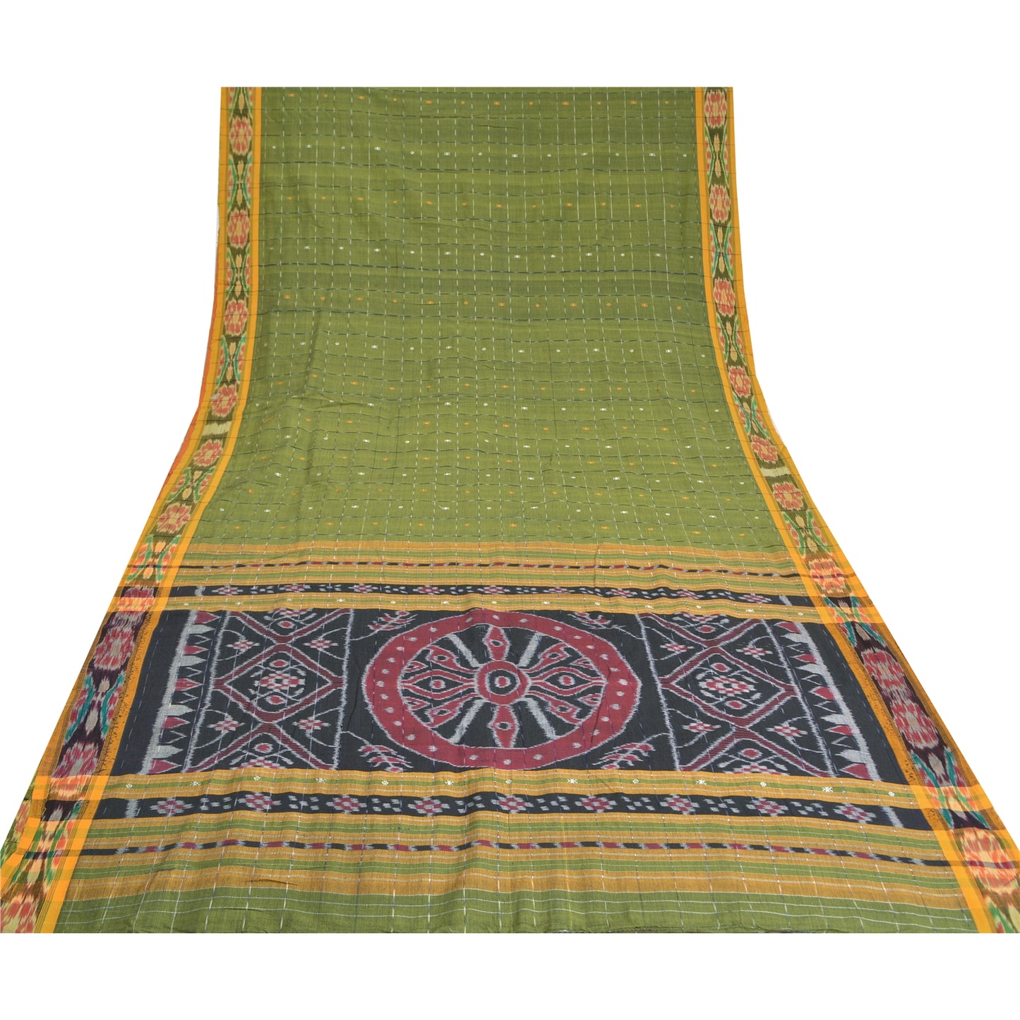Sanskriti Vintage Saree Green Odisha Hand Woven Ikat Blend Cotton Sari Fabric