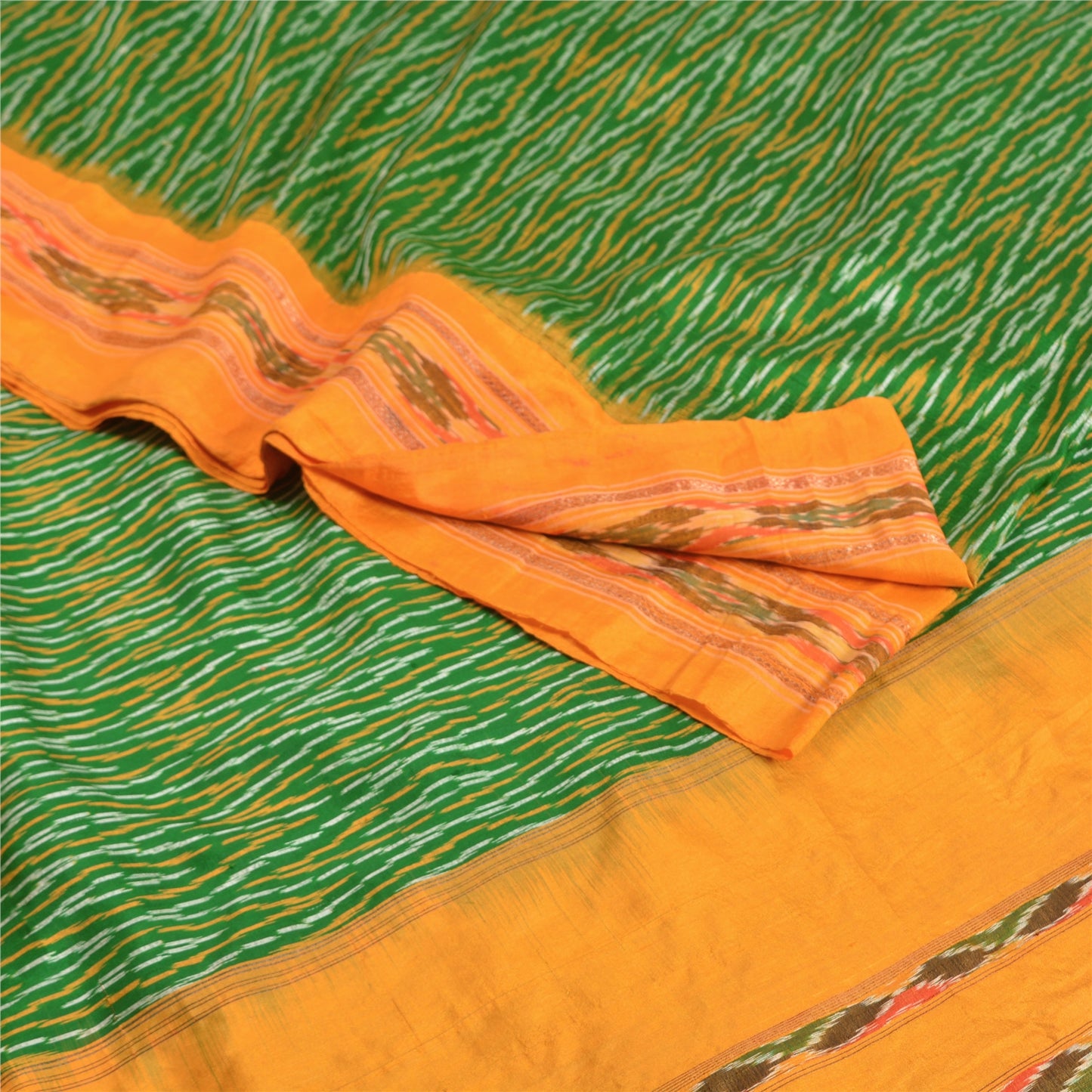 Sanskriti Vintage Saree Green Sambhalpuri Hand Woven Ikat Pure Silk Sari Fabric