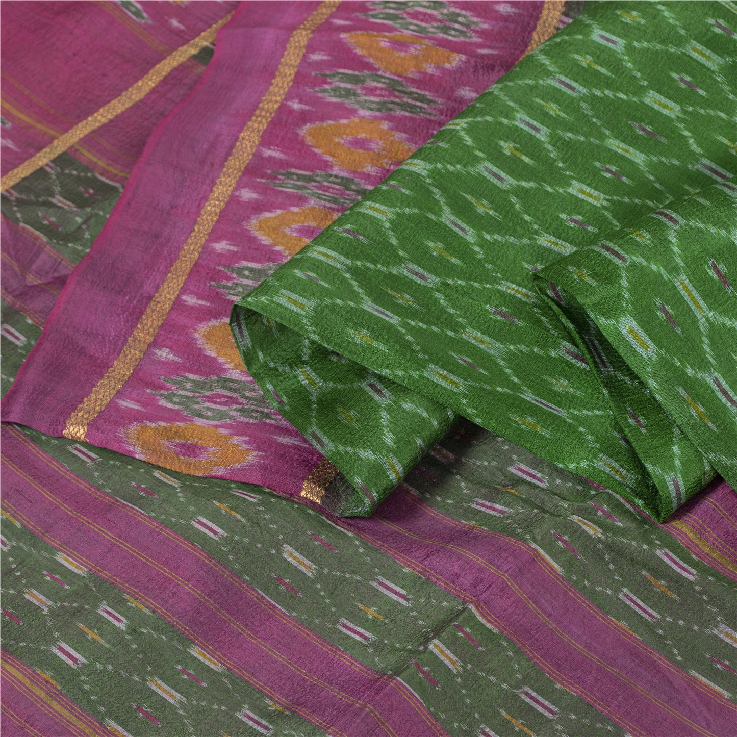 Sanskriti Vintage Saree Green Sambhalpuri Hand Woven Ikat Pure Silk Sari Odisha