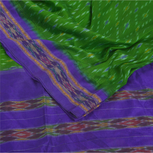 Sanskriti Vintage Green Sarees Pure Silk Woven Patola Ikat Sari Craft Fabric