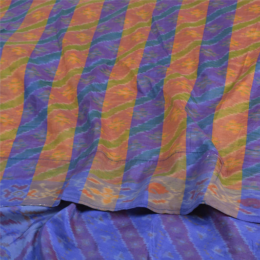 Sanskriti Vintage Saree Blue Sambhalpuri Hand Woven Ikat Pure Silk Sari Fabric