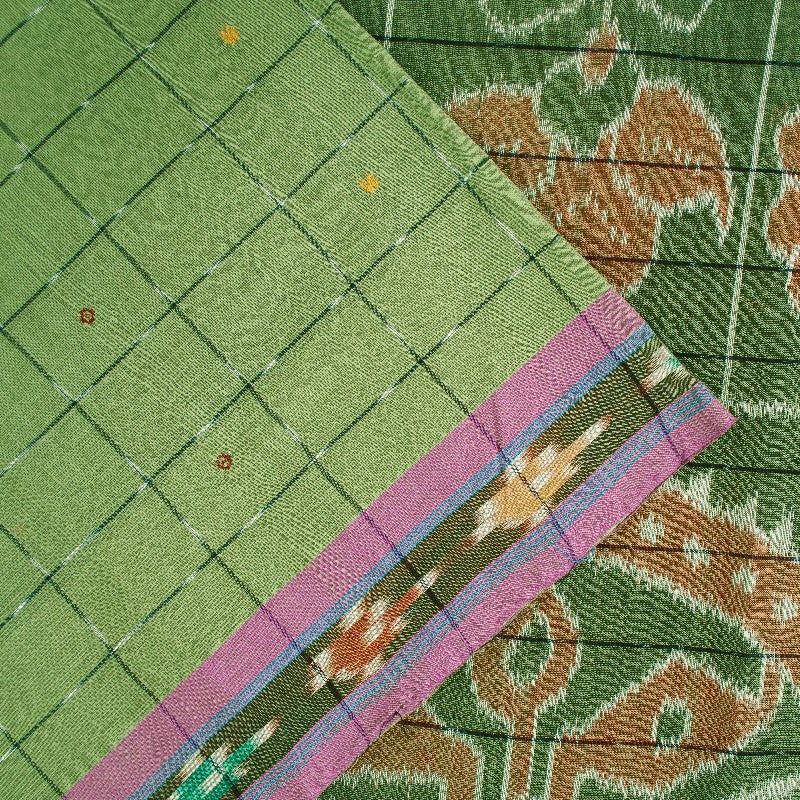 Sanskriti Vintage Sari 100% Pure Cotton Green Sarees Hand Woven Ikat 5yd Craft Fabric upholstery fabric