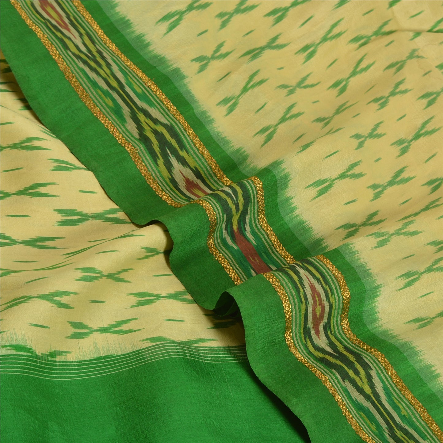 Sanskriti Vintage Saree Green Pochampally Hand Woven Ikat Pure Silk Sari Fabric