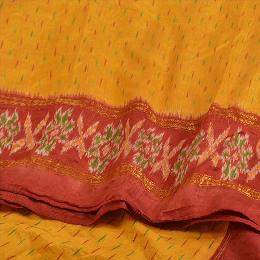 Sanskriti Vintage Saree Yellow Pochampally Hand Woven Ikat Pure Silk Sari Fabric
