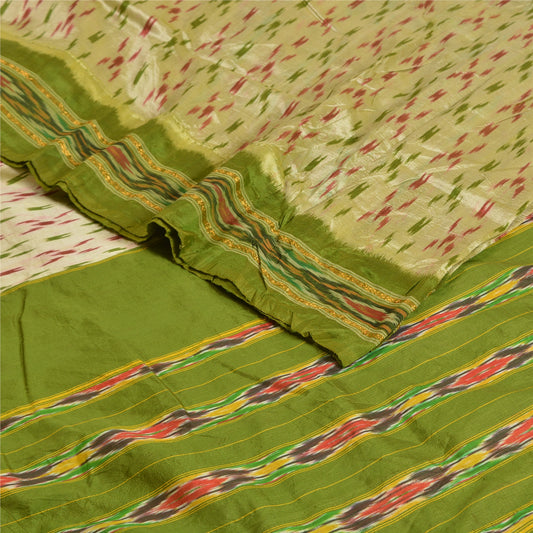 Sanskriti Vintage Saree Green Pochampally Hand Woven Ikat Pure Silk Sari Fabric