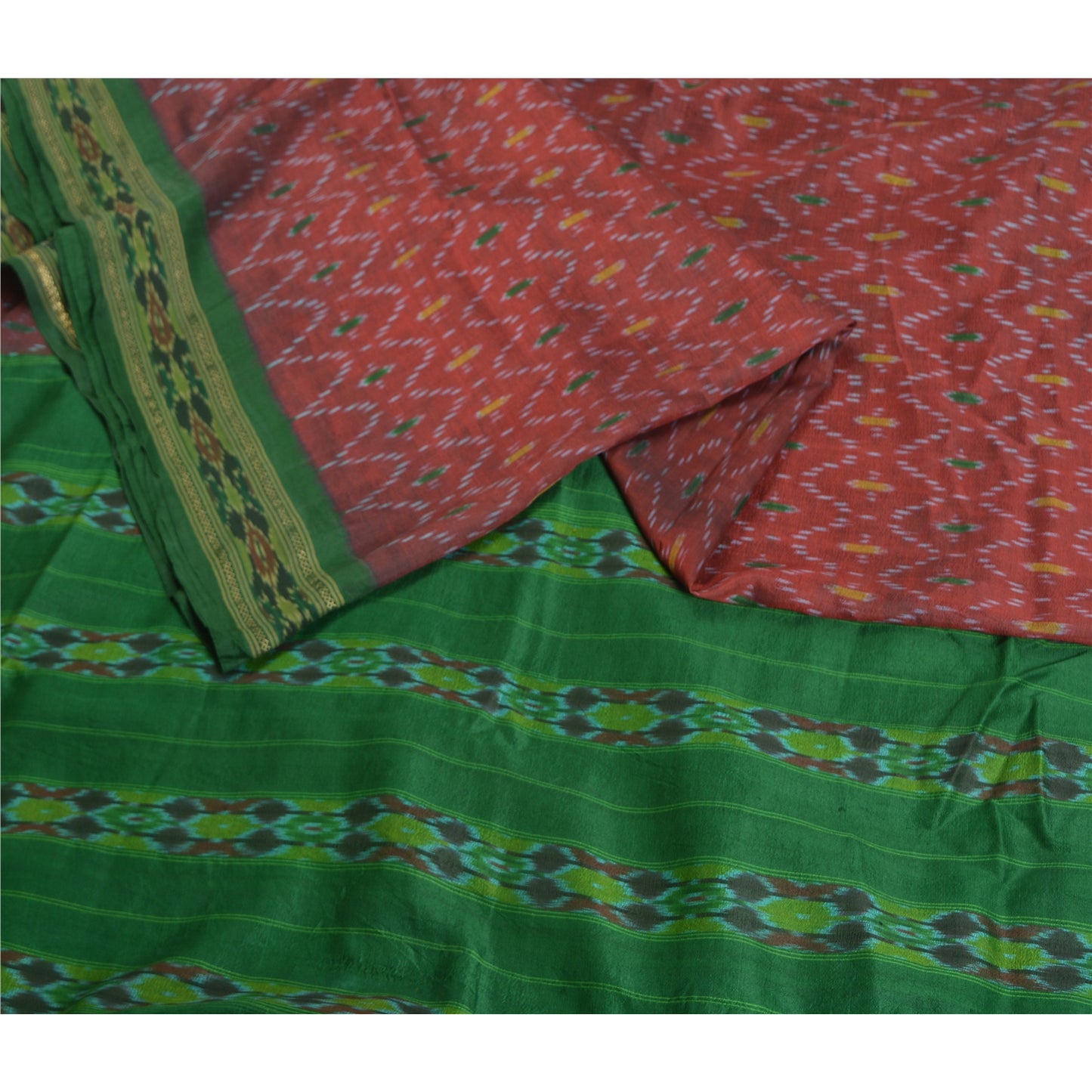 Sanskriti Vintage Saree Red Sambhalpuri Hand Woven Ikat Pure Silk Sari Fabric