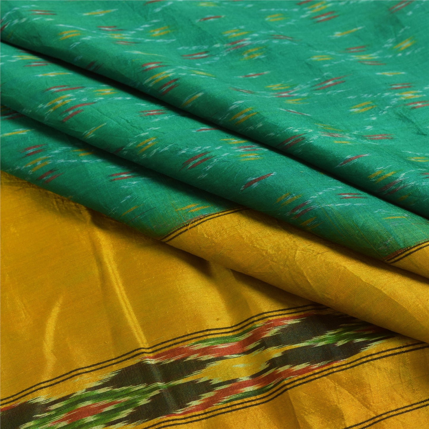 Sanskriti Vintage Green Pochampally Ikat Sarees Pure Silk Woven Sari 5yd Fabric