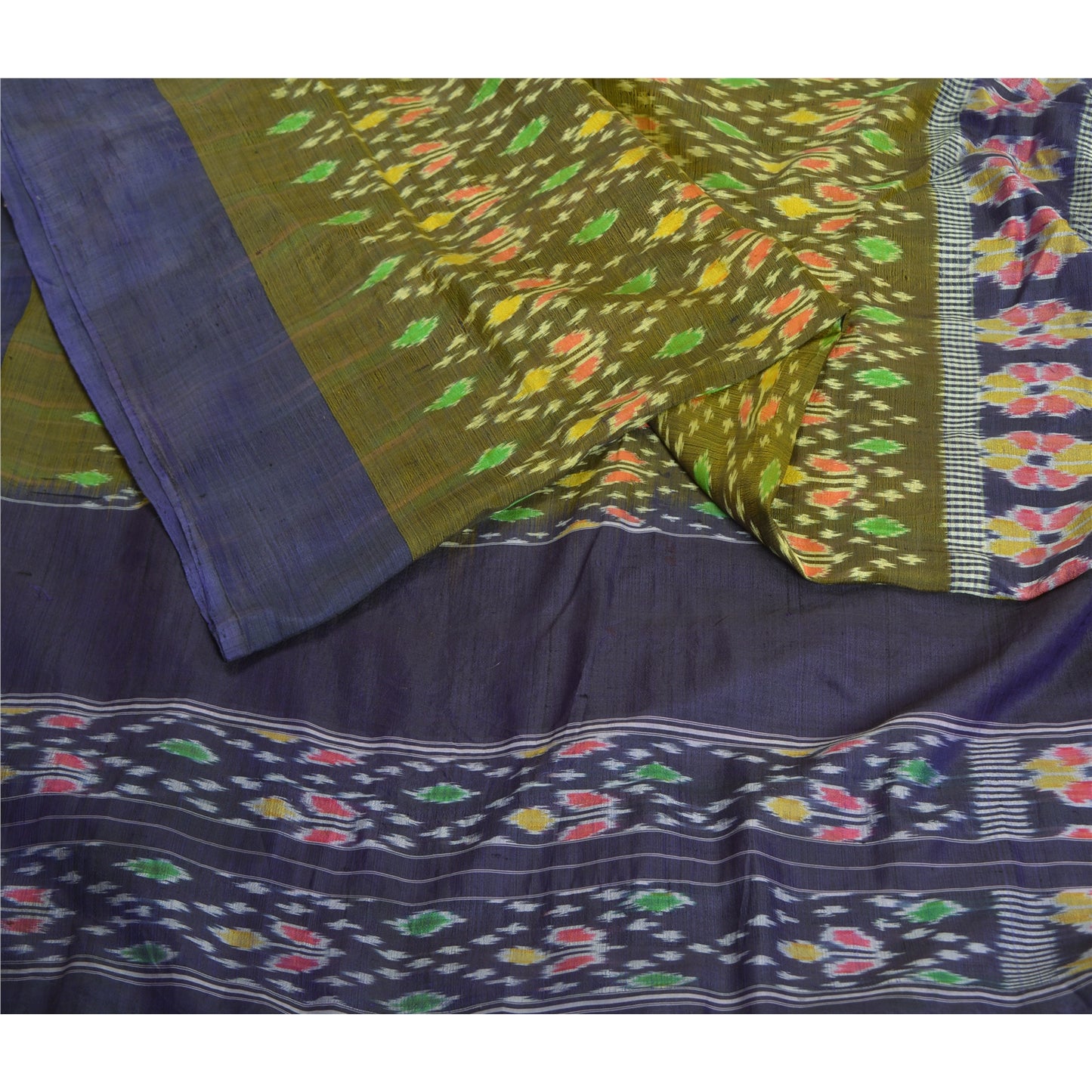 Sanskriti Vintage Saree 100% Pure Silk 5Yd Craft Fabric Saree Green & Blue Odisha Hand Woven Ikat Sari Indian Heritage Textile Supplies