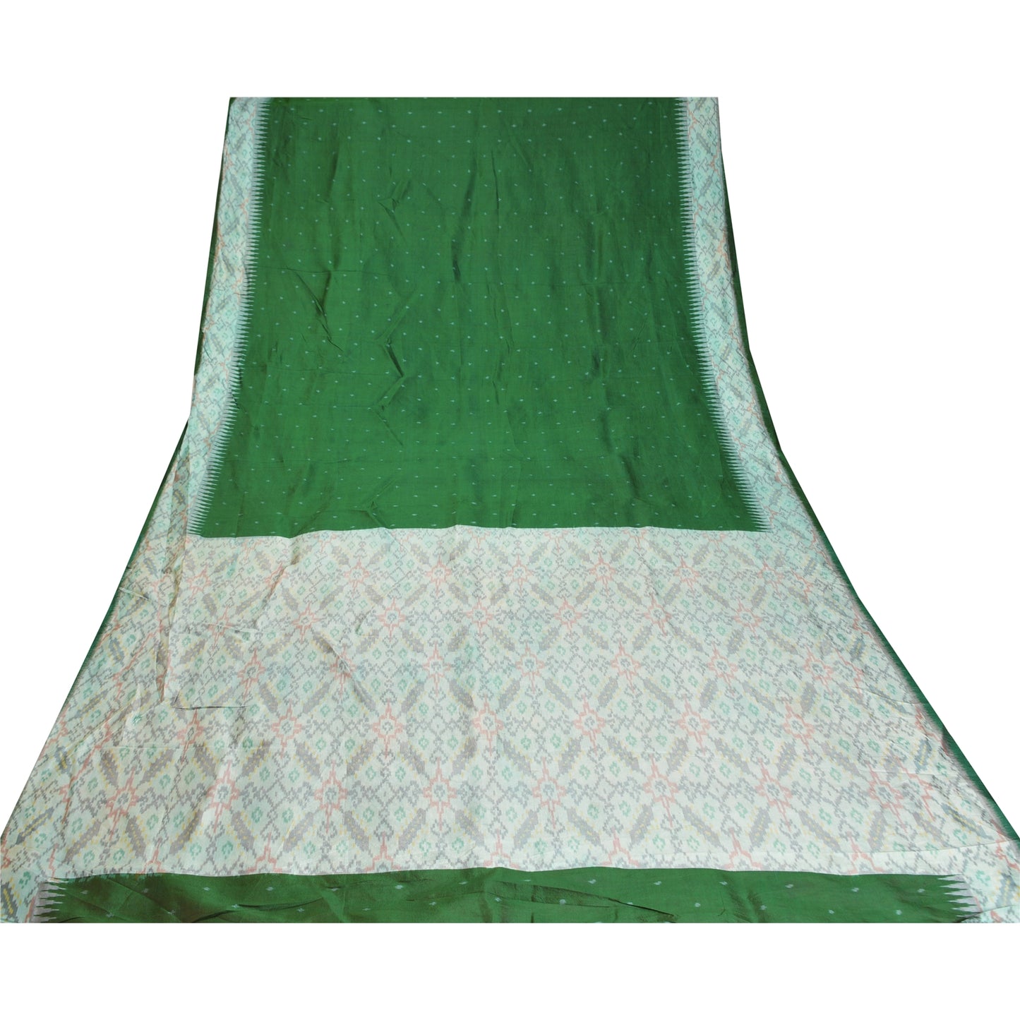 Sanskriti Vintage 100% Pure Silk Sarees Green Ikat Hand Woven Sari Craft Fabric