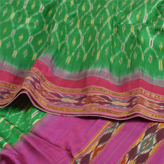 Sanskriti Vintage Sarees Green Pochampally IkatWoven Pure Silk Sari Craft Fabric