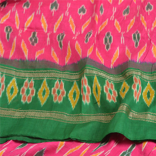 Sanskriti Vintage Pochampally Pink Ikat Woven Sarees Pure Silk Sari Craft Fabric