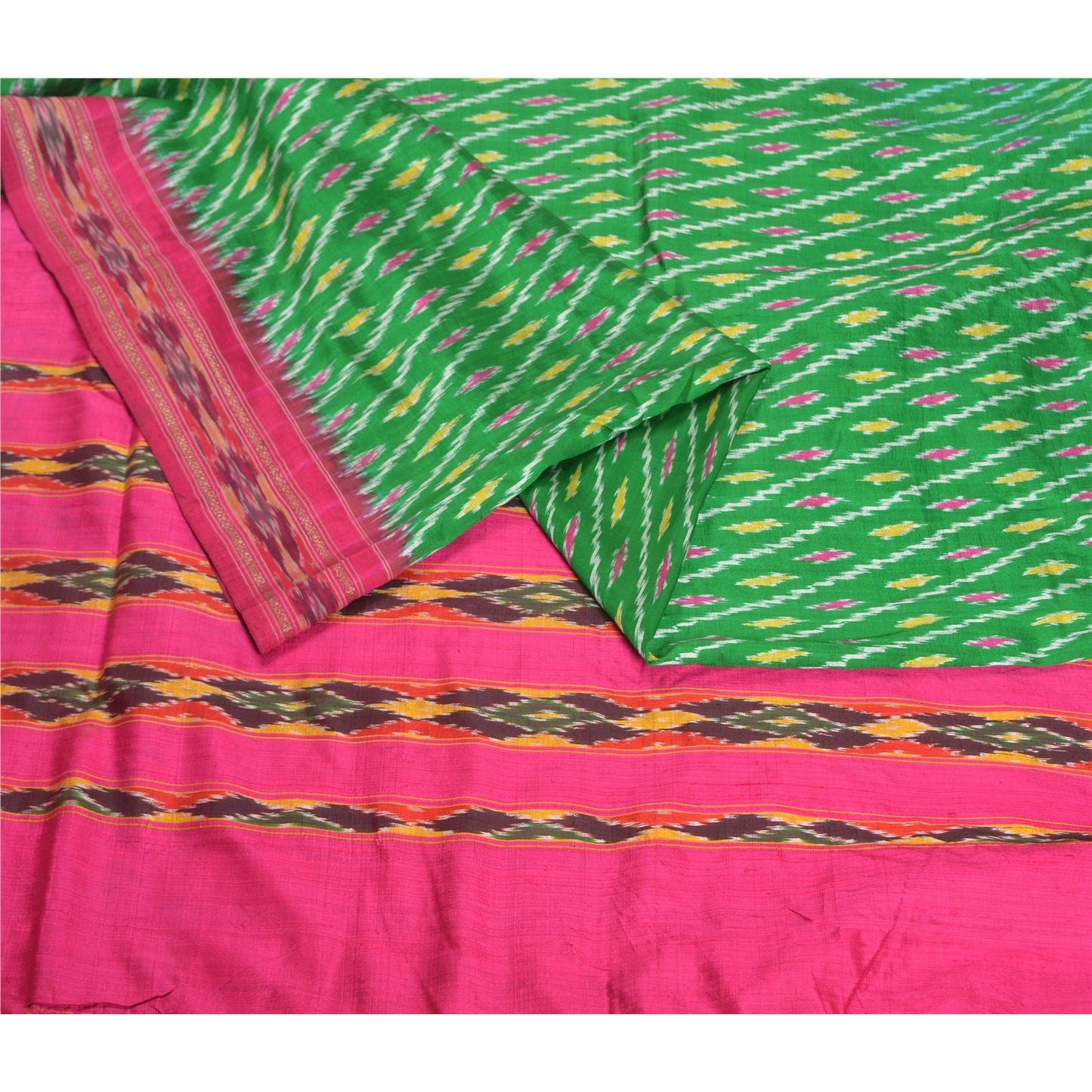 Sanskriti Vintage Sari 100% Pure Silk Green & Pink Pochampally Hand Woven Ikat Sarees 5Yd Craft Fabric Decor, Women Floral Outfit, Scrap