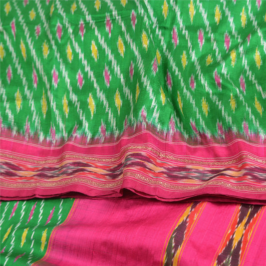 Sanskriti Vintage Green Pochampally Woven Ikat Sarees Pure Silk Sari 5yd Fabric