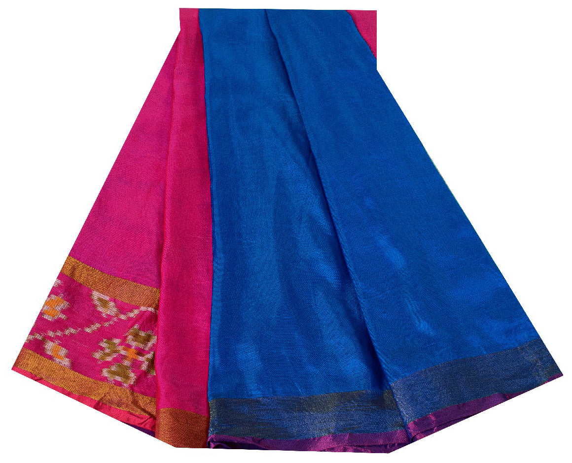 Sanskriti Vintage Blue Woven Ikat Patola Saree Blend Silk Sari Craft Soft Sustainable Fabric