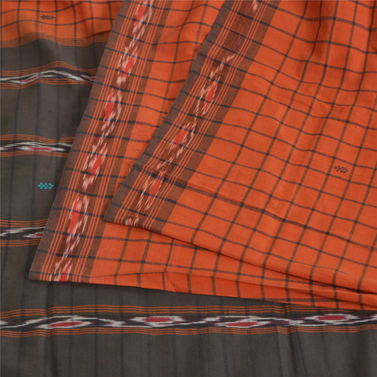 Sanskriti Vintage Rare Saree Ikat Handwoven Blend Cotton Orange Sari 5yd Sustainable Fabric