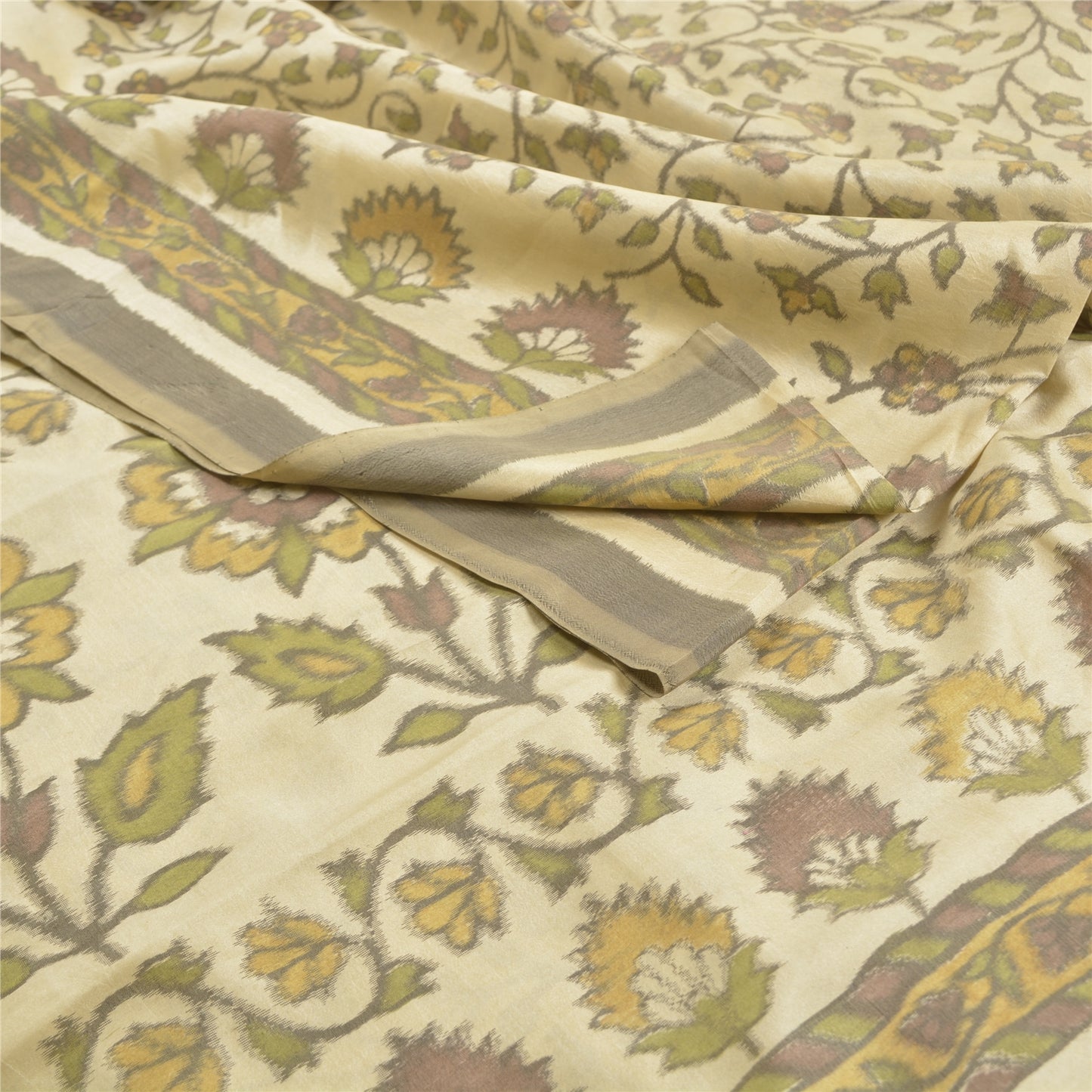 Sanskriti Vintage Sarees Cream Ikat Handwoven Pure Cotton Sambhalpuri 5+yd Sari