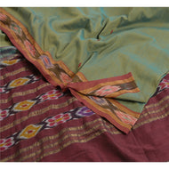 Sanskriti Vintage Saree Green/Red Odisha Hand Woven Ikat Pure Cotton Sari Fabric