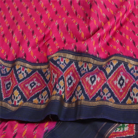 Sanskriti Vintage Saree Pink/Blue Pochampally Handmade Ikat PureSilk Sari Fabric