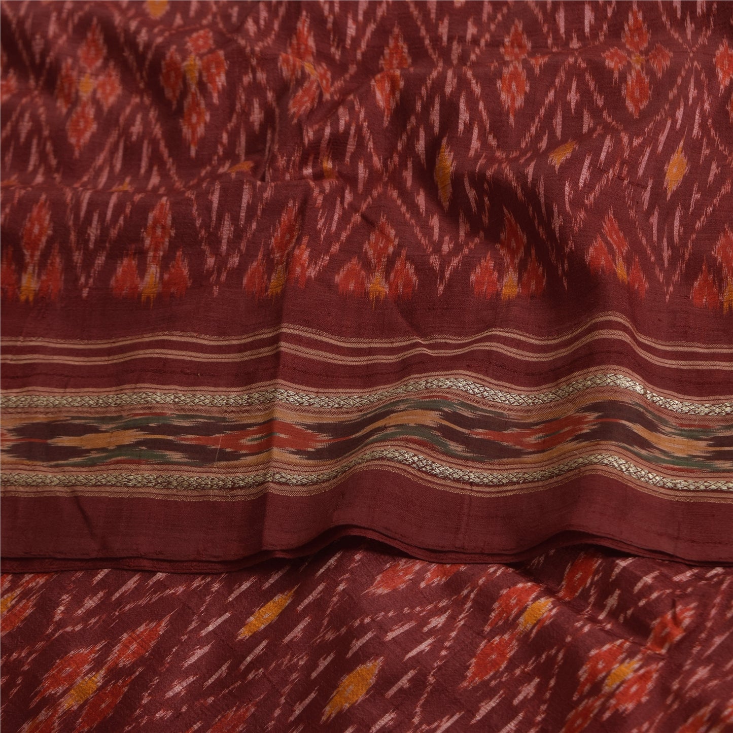 Sanskriti Vintage Saree Red Sambhalpuri Hand Woven Ikat Pure Silk Sari Fabric