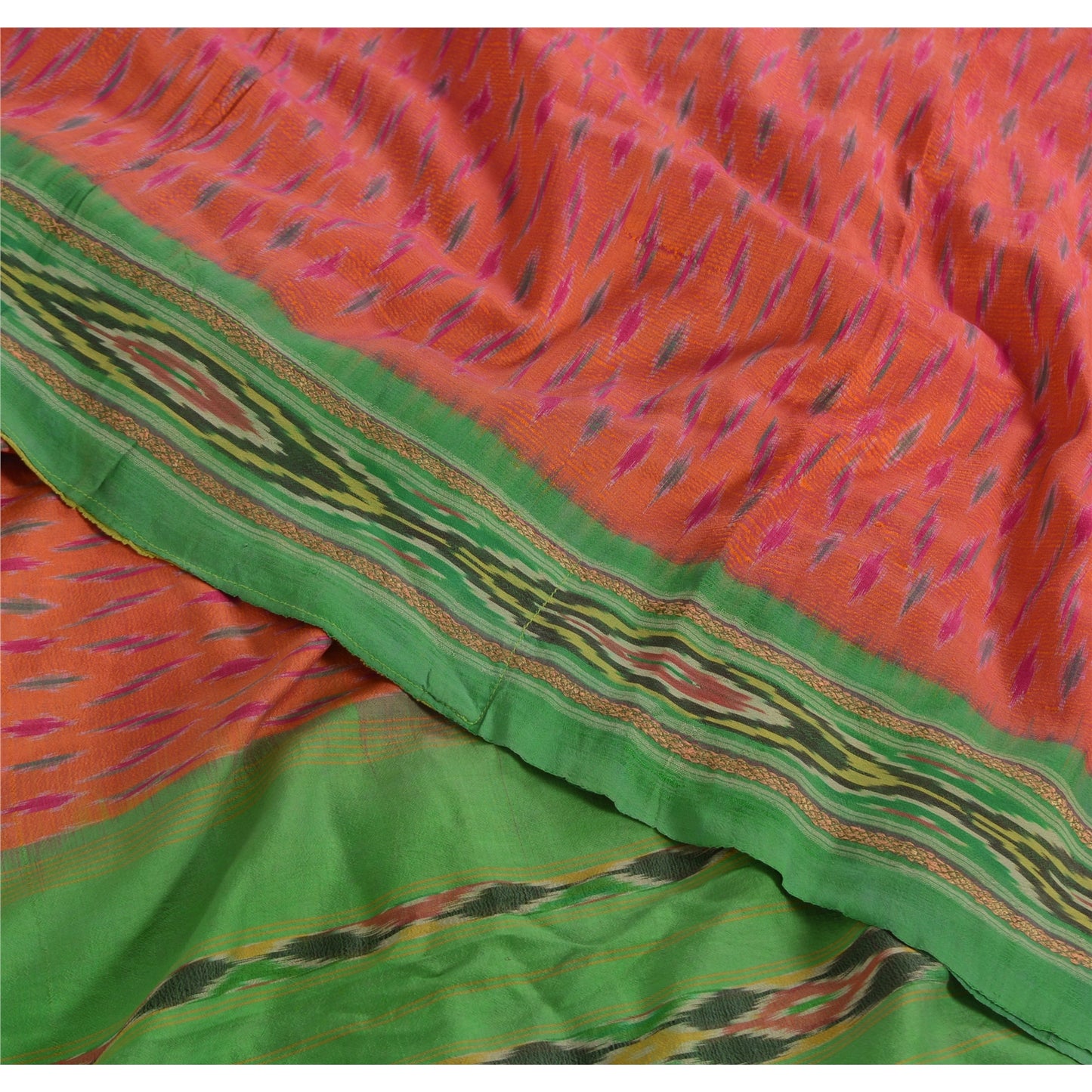 Sanskriti Vintage Saree Pochampally Hand Woven Ikat Pure Silk Sari 5yd Sustainable Fabric