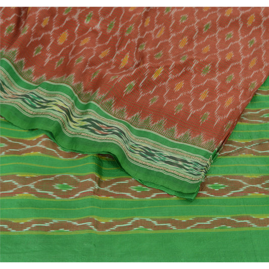 Sanskriti Vintage Saree Pochampally Red HandWoven Ikat Pure Silk Sari 5yd Sustainable Fabric