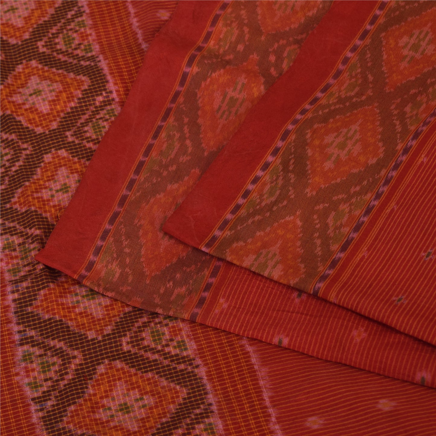 Sanskriti Vintage Sarees Red Sambhalpuri Ikat Handwoven Pure Silk Sari Fabric