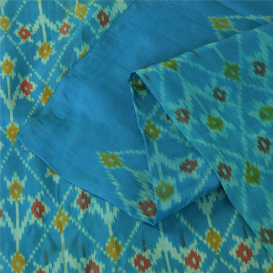 Sanskriti Vintage Sarees Blue Ikat Handwoven Sambhalpuri Pure Silk Sari Sustainable Fabric