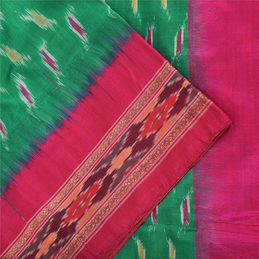 Sanskriti Vintage Sarees Green Ikat Handwoven Pochampally Pure Silk Sari Sustainable Fabric