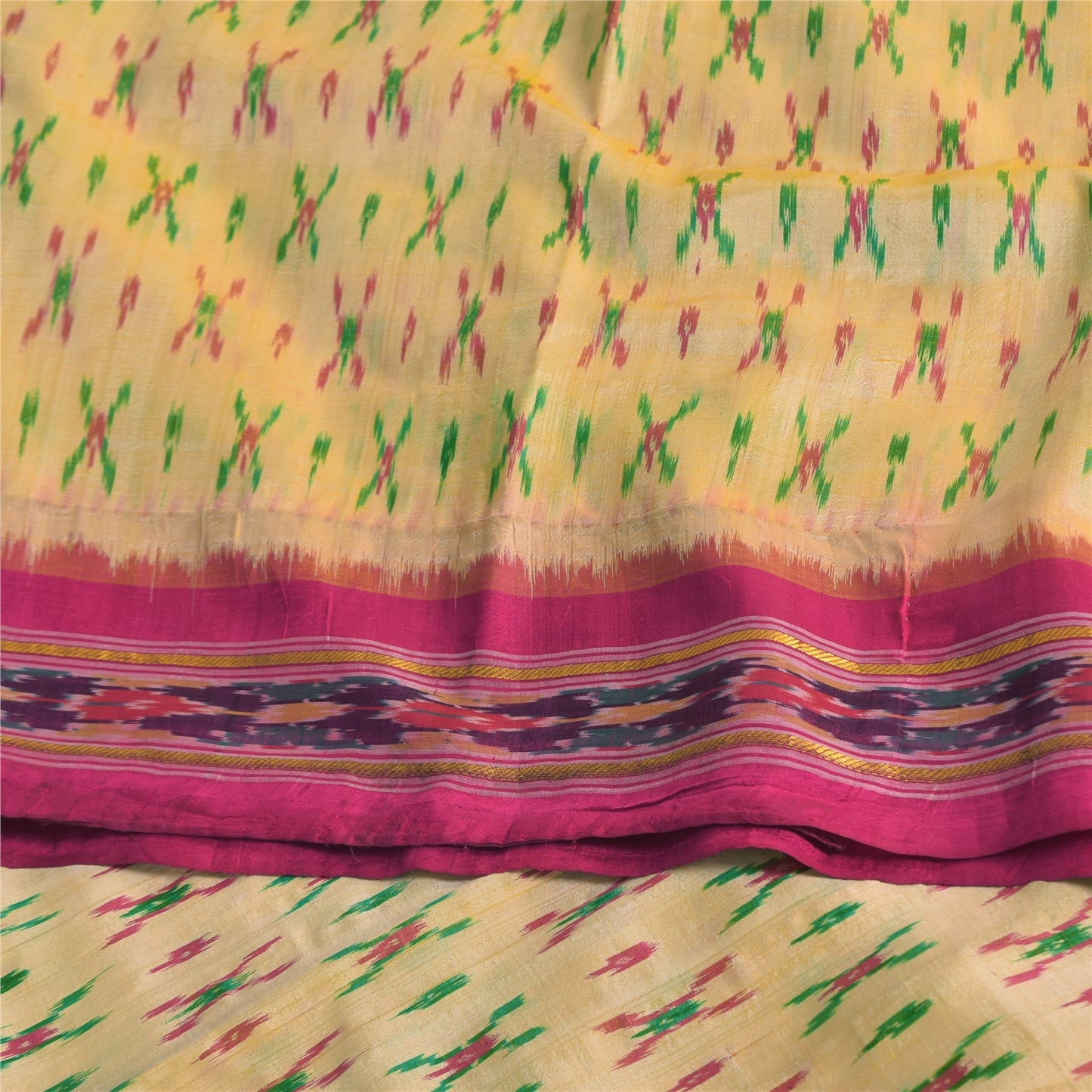 Sanskriti Vintage Sarees Pochampally Ikat Handwoven Pure Silk Sari 5+yd Sustainable Fabric