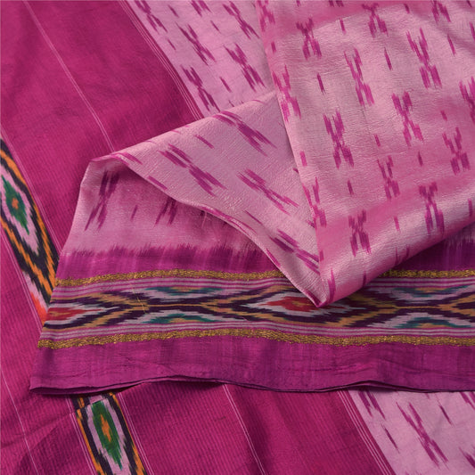 Sanskriti Vintage Sarees Pink Ikat Handwoven Pochampally Pure Silk Sari Fabric