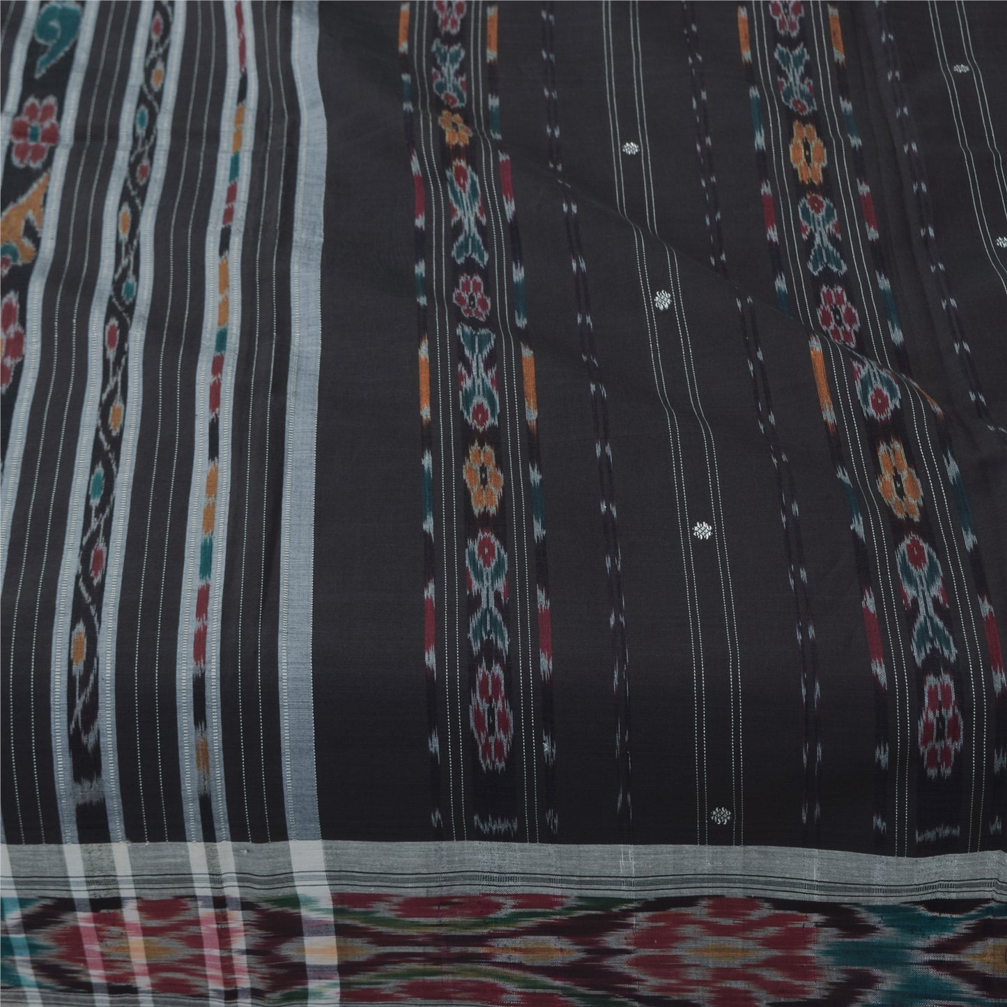 Sanskriti Vintage Sarees Black Ikat Handwoven Odisha Pure CottonSari 5+yd Fabric