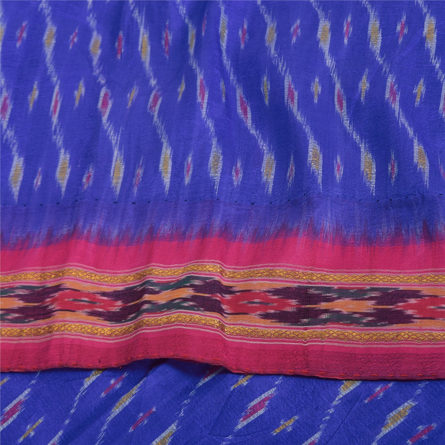 Sanskriti Vintage Sarees Blue Ikat Handwoven Pochampally Pure Silk Sari Fabric