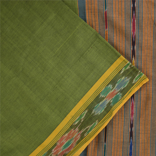 Sanskriti Vintage Sarees Green Ikat Handwoven Odisha Pure CottonSari 5+yd Fabric