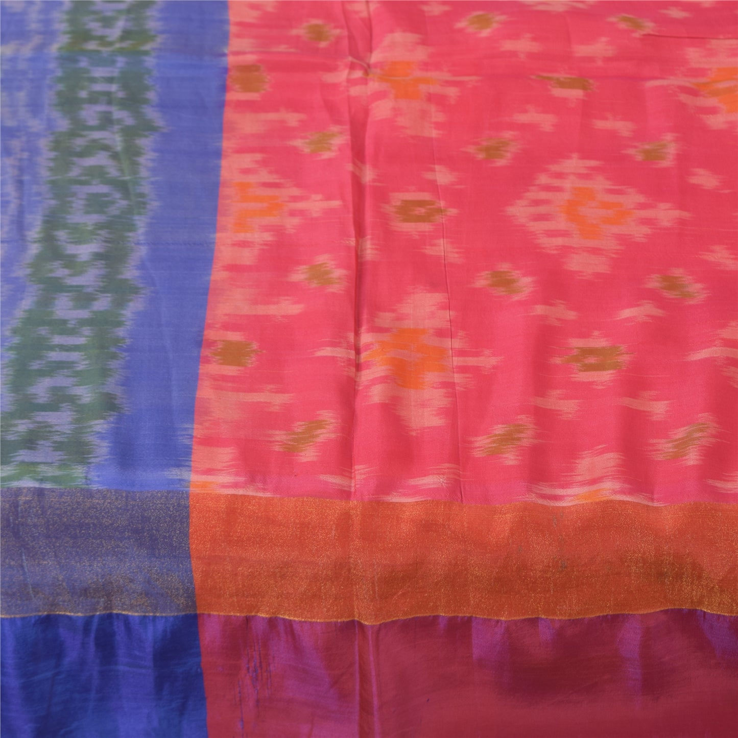 Sanskriti Vintage Sarees Pink Ikat Handwoven Sambhalpuri Pure Silk Sari Fabric