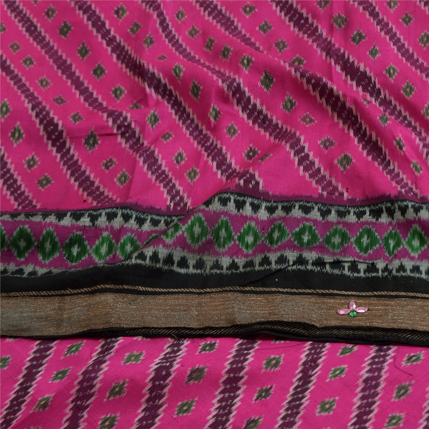 Sanskriti Vintage Sarees Pink Ikat Handwoven Pure Silk Pochampally Sari Fabric