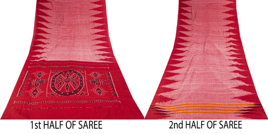 Sanskriti Vintage Red-Pink 100%Pure Cotton Saree Ikat Handwoven Sambhalpuri Sari