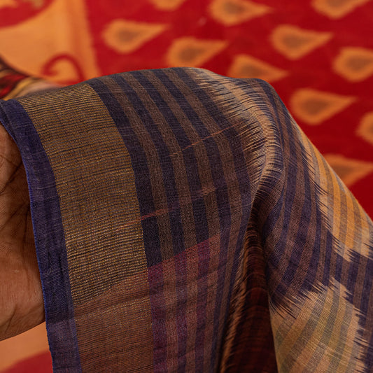 Sanskriti Vintage Red Cotton Silk Sarees Ikat Hand Woven Sambhalpuri 5.5Yd Sari