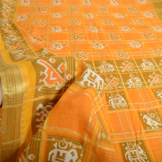 Sanskriti Vintage Orange Pure Cotton Saree Patan PatoIa Ikat Printed Woven 5+Yd
