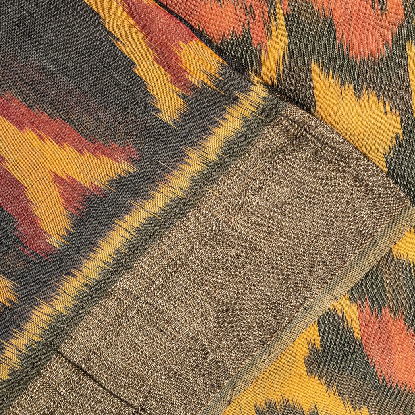 Sanskriti Vintage Black Cotton Silk Saree Ikat Hand Woven Sambhalpuri 5.5Yd Sari