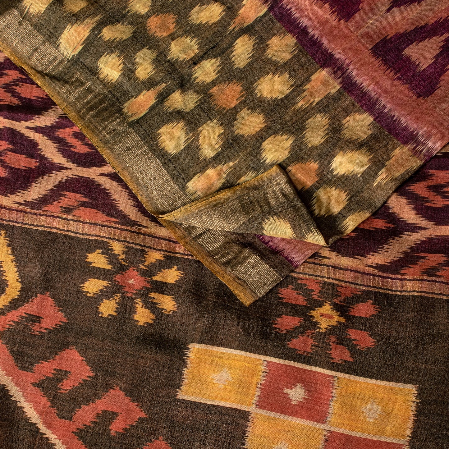 Sanskriti Vintage Brown Soft Cotton Silk Saree Ikat Hand Woven Sambhalpuri 5.5Yd