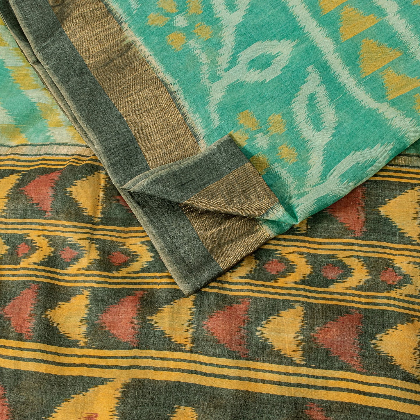 Sanskriti Vintage Soft Green Cotton Silk Saree Patola Ikat Hand Woven 5.5Yd Sari