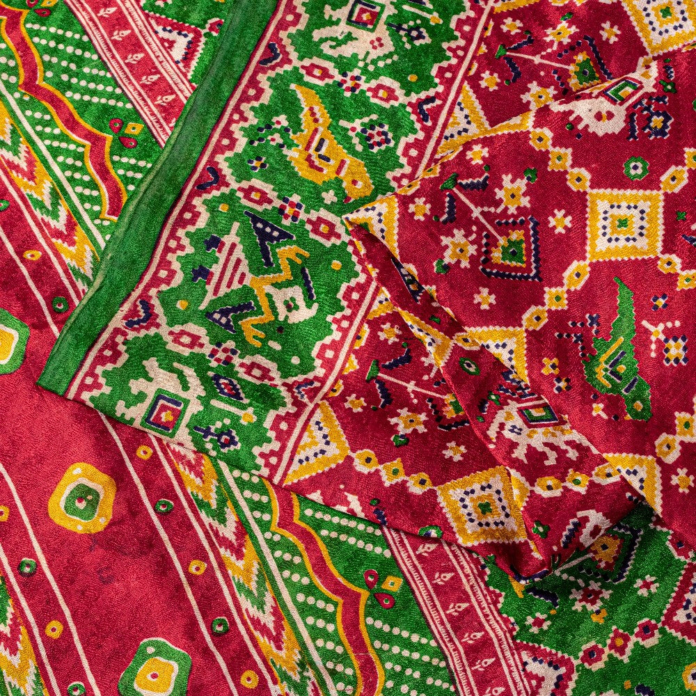 Sanskriti Vintage Red Pure Silk Saree Double Ikat Hand Woven Patan Patoal 6+Yd