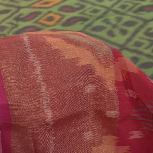 Sanskriti Vintage Green Cotton Silk Saree Ikat Hand Woven Sambhalpuri 5.5Yd Sari