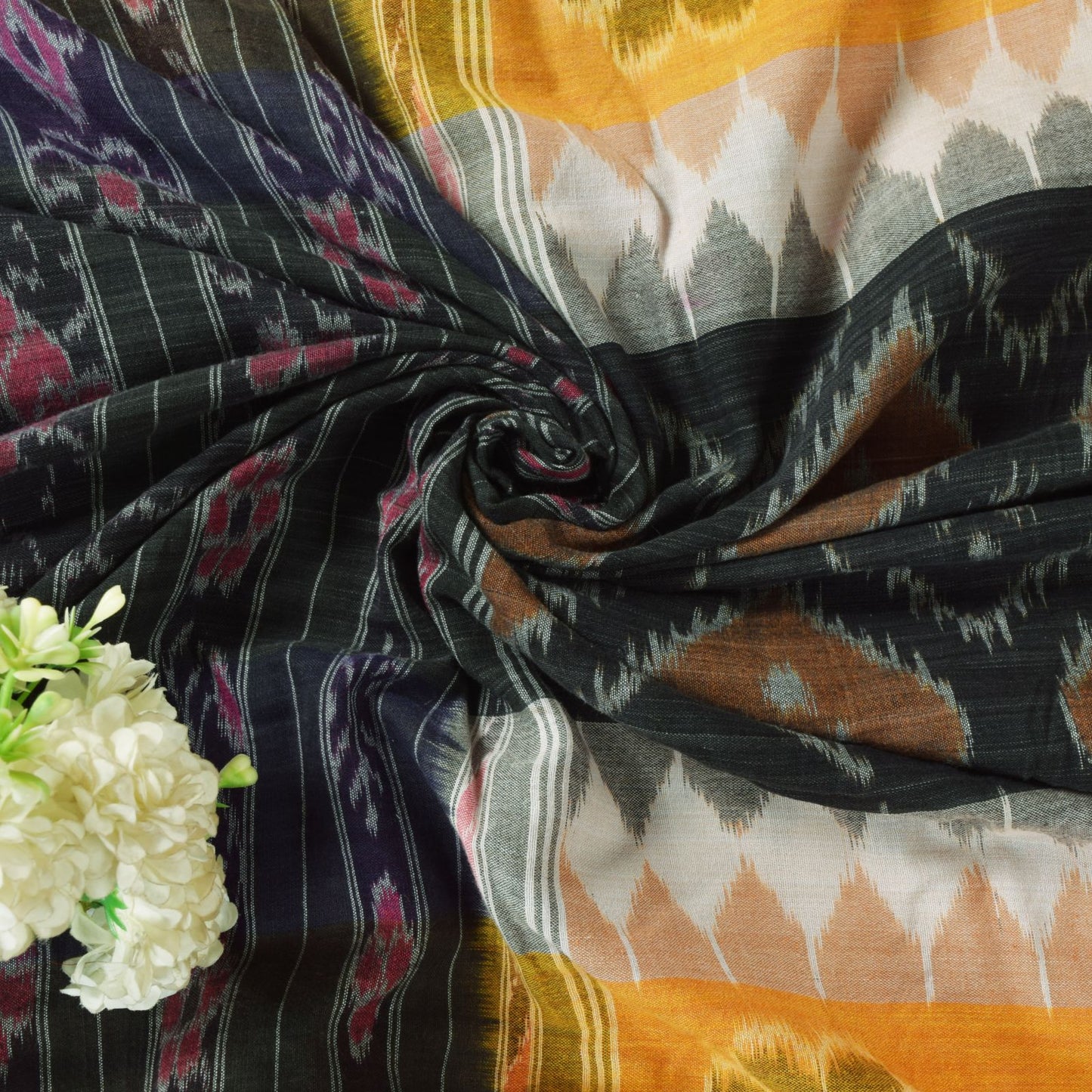 Sanskriti Vintage Black-Yellow Pure Silk Saree Ikat Hand Woven Sambhalpuri 5.5Yd
